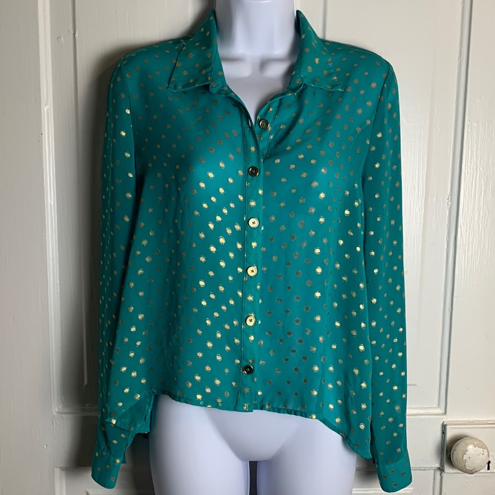 Speecless Long Sleeve Green and Gold Button Down Blouse Size M